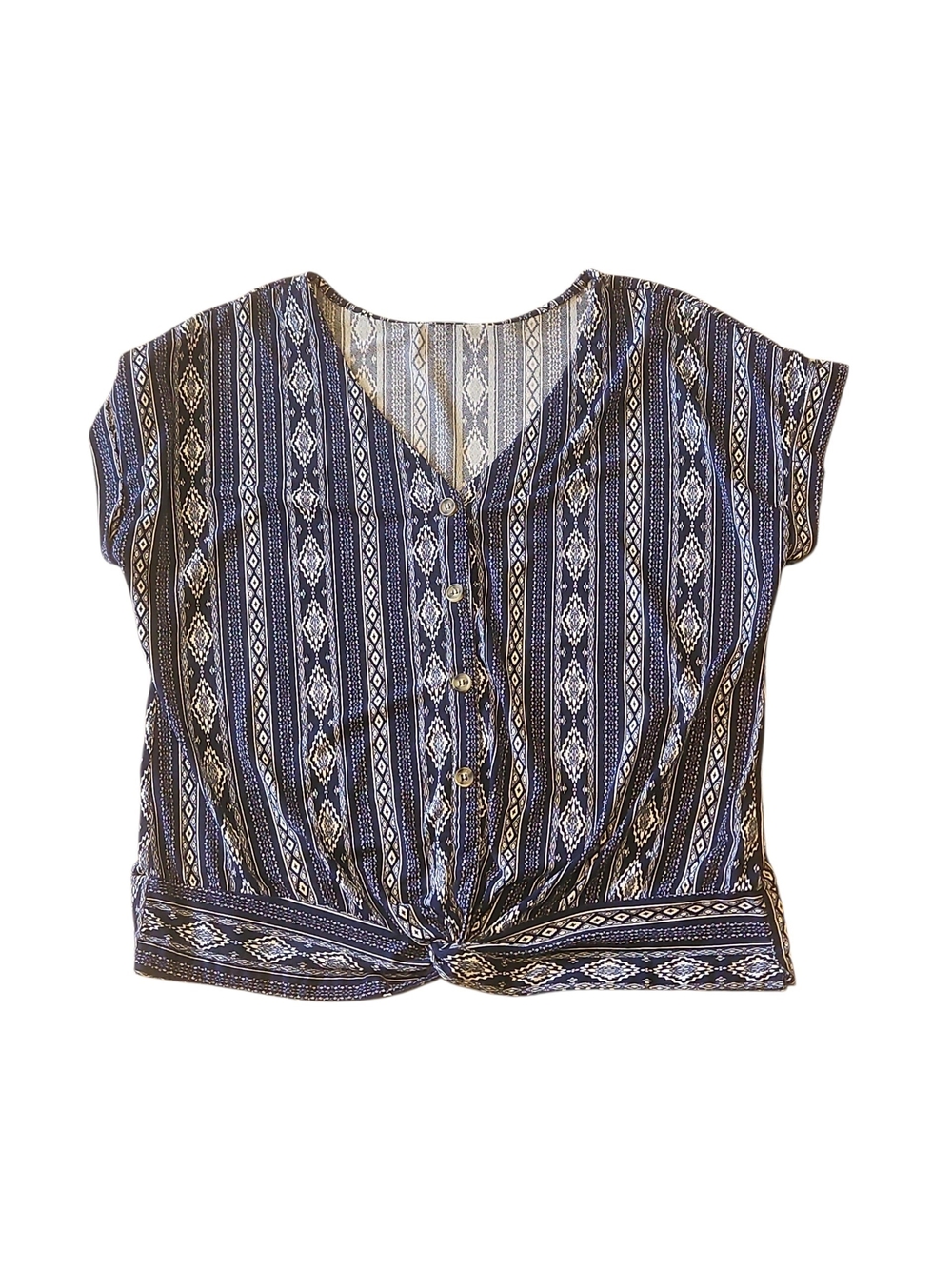 Women’s Navy Patterned Button-Front Tie-Hem Top Fifty Street Size Large